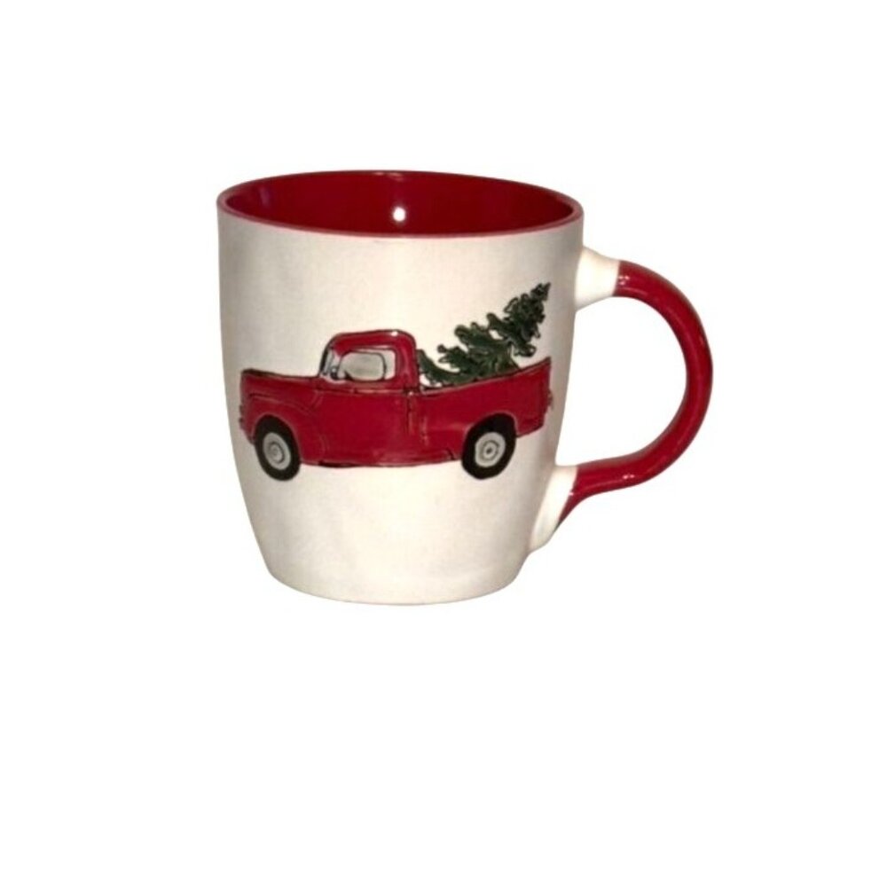 Vintage Style Christmas Truck Ceramic Mug With Red Interior & Handle